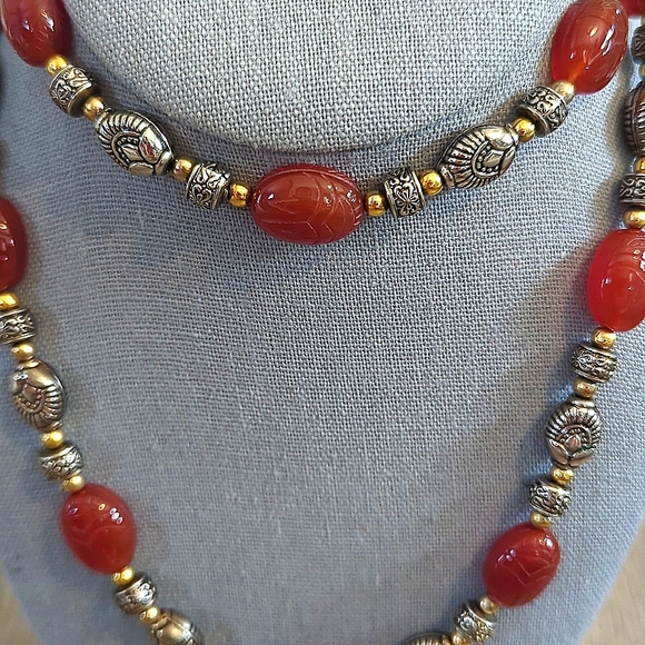 Vintage Egyptian Revival Hand Carved Double Sided Carnelian Scarabs Necklace - Picture 2 of 10